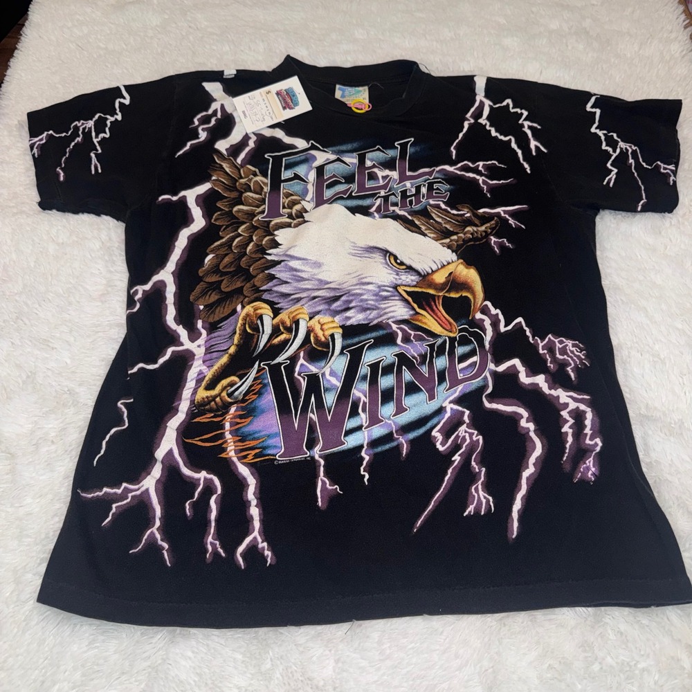 Tourchamp Graphic Tee Mens XL Black AOP vtg Eagle Lightning Feel The Wind 90s